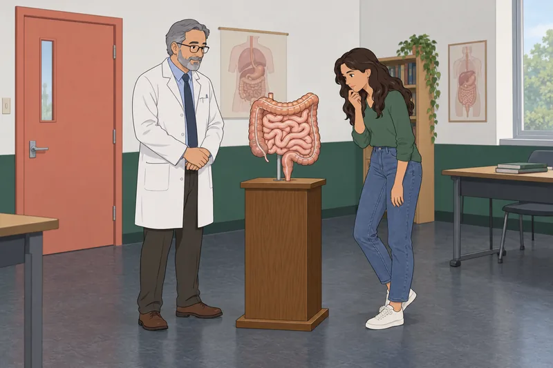 SIBO Quiz: learner studies a small-intestine model.