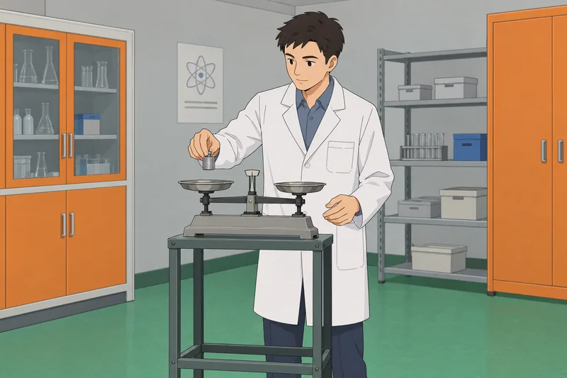 cuestionario sobre cifras: un técnico pesa metal.