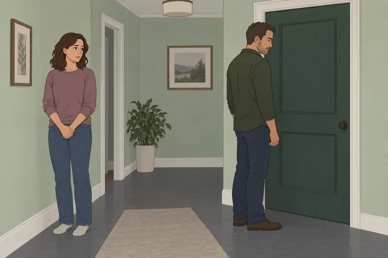 Signs Your Husband pauses by a closed door.