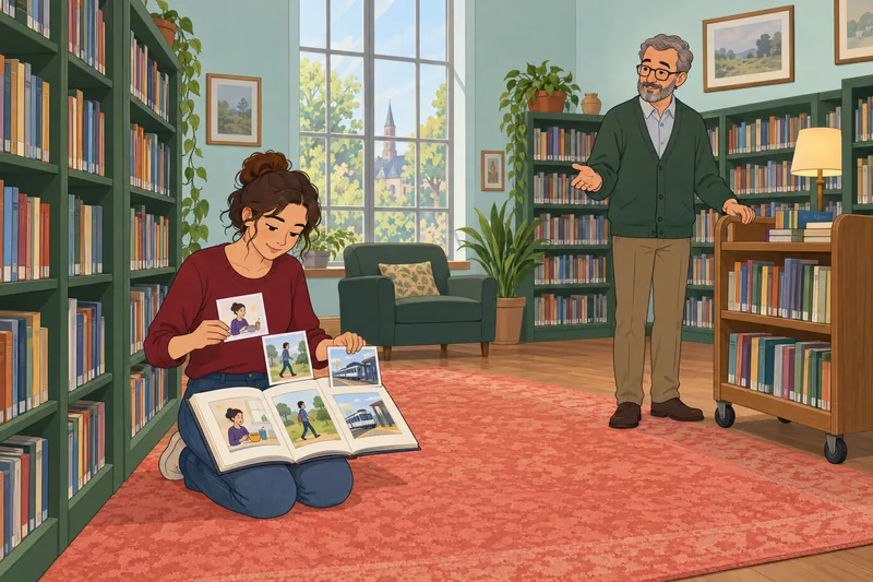 Simple Tenses of verbs guide a library exercise.