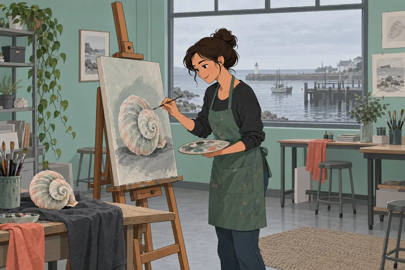 Siren or Mermaid appears beside a painted shell.