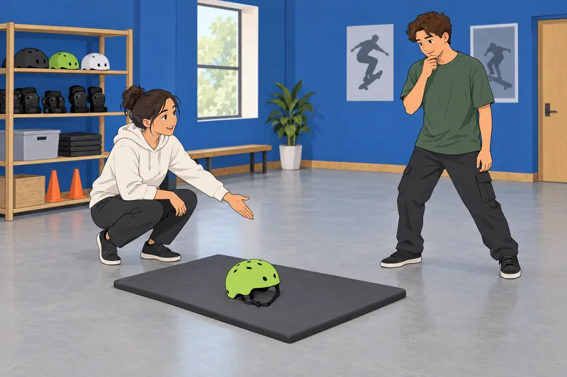 Skater Quiz illustration of an instructor explaining helmet safety.