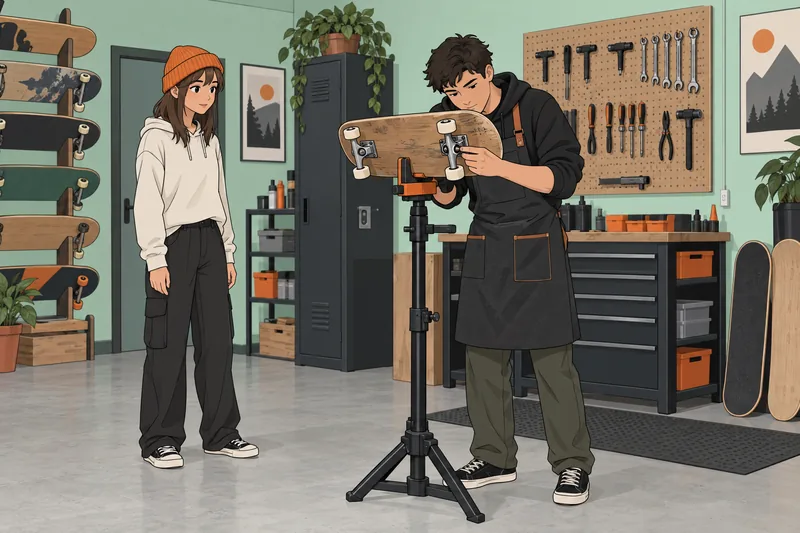 Skater Quiz illustration of a shop assistant inspecting a skateboard truck.