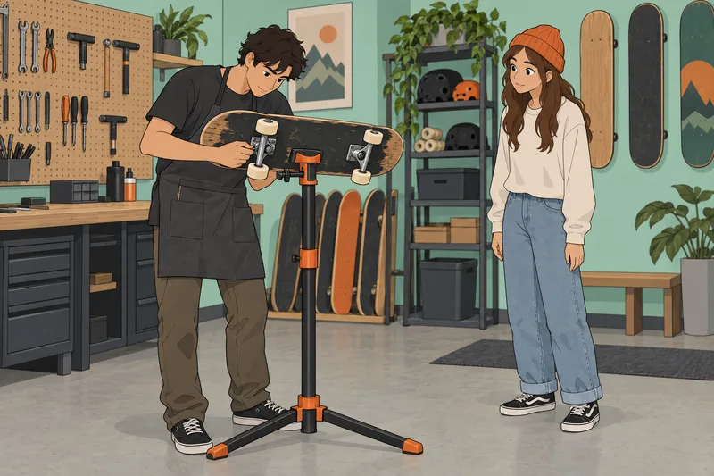Ilustración del cuestionario de skateboarding en una tienda de reparación.