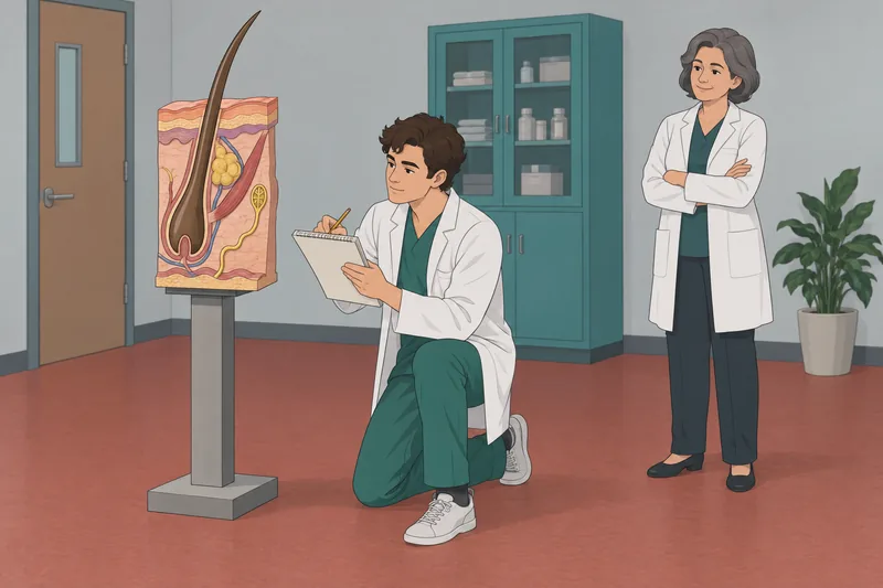 Skin Labeling Quiz: learner sketches a follicle model.