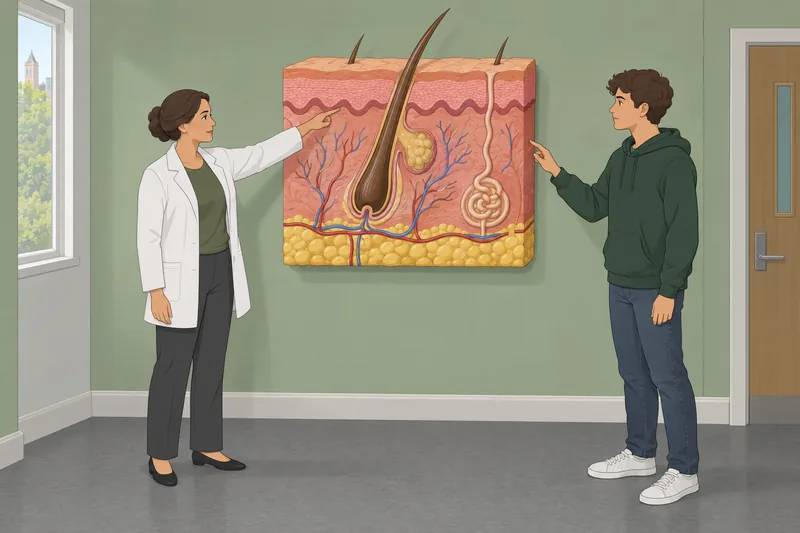 Skin Labeling Quiz: student studies a skin model.