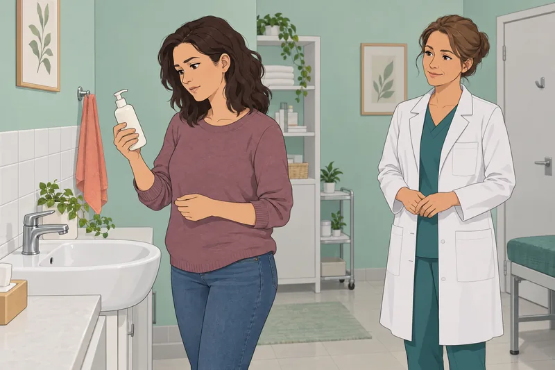Skincare Quiz shows a woman examining cleanser.