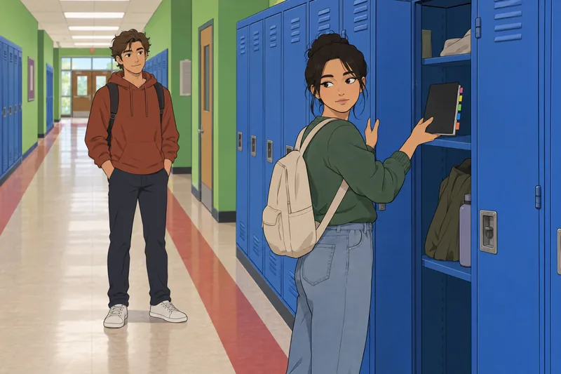 Skins Character Quiz captures a guarded hallway pause.