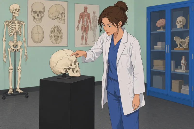 Skull Sutures Quiz shows a cranial model