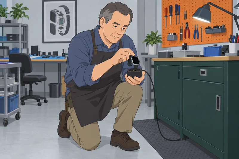 Smartwatch Quiz: technician checks a charging cradle.