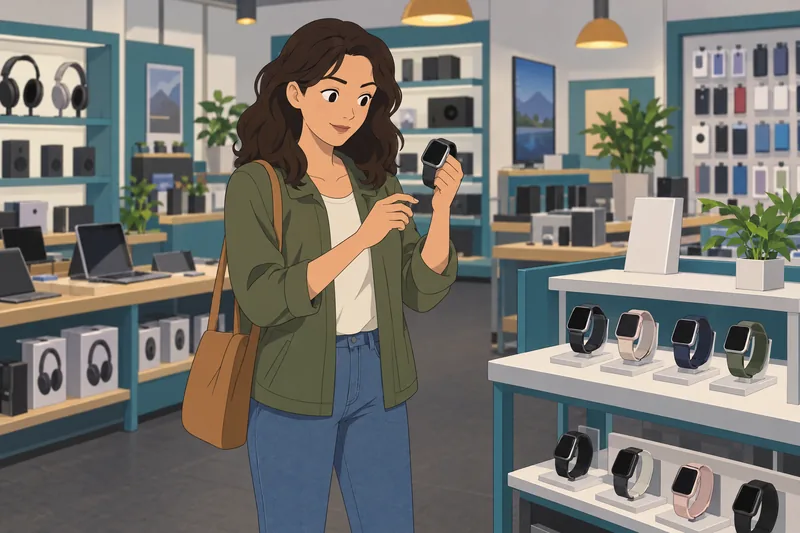 Smartwatch Quiz: buyer studies a smartwatch screen.