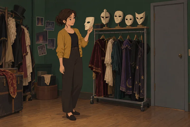 Smash or Pass: a woman studies character masks.