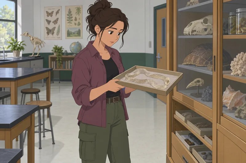 Snake Quiz shows a student examining shed skin.