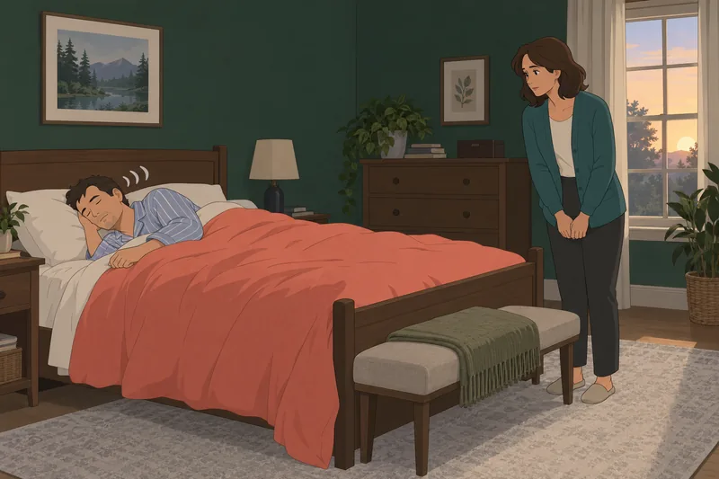 Snore Quiz shows a partner observing nighttime breathing.