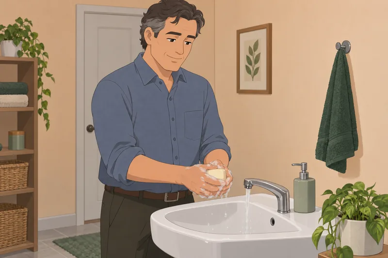 Soap Quiz depicts handwashing beside a sink.