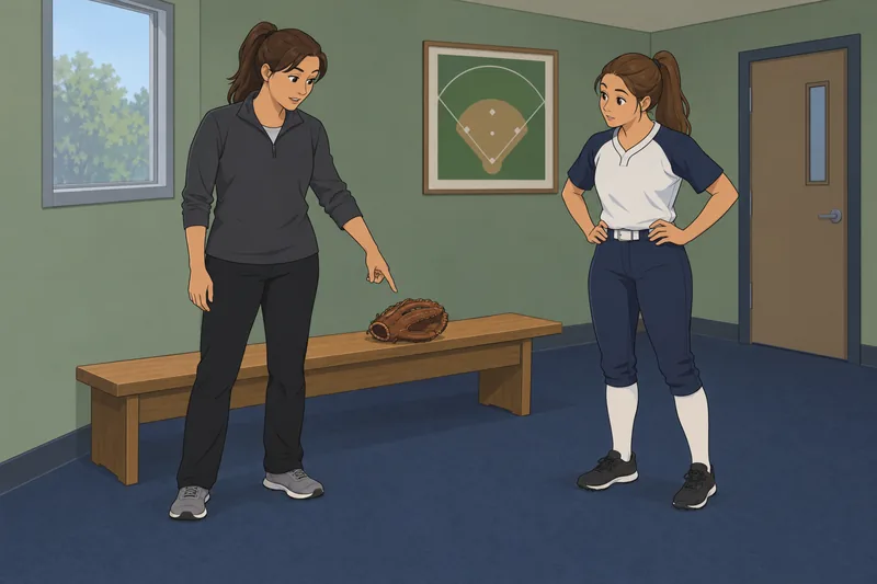 Softball Quiz shows a coach explaining a glove.