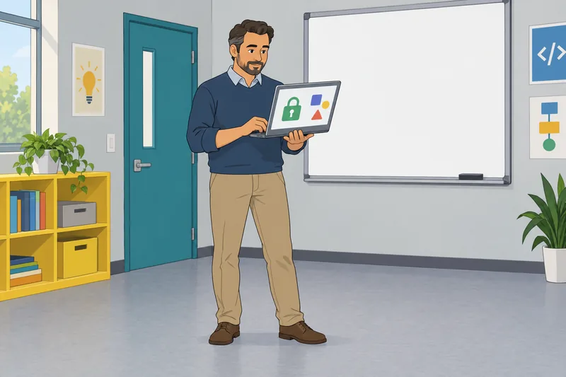 Software Quiz shows a laptop security lesson.