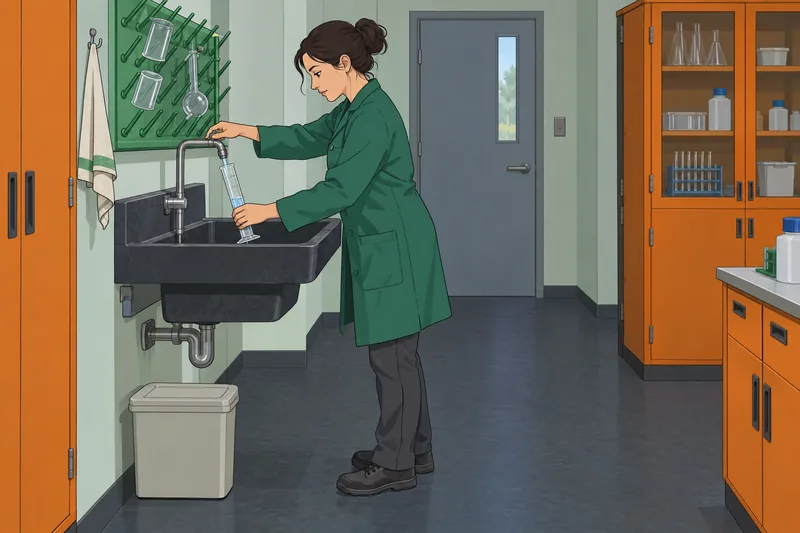 Solutions Quiz shows a technician rinsing glassware.