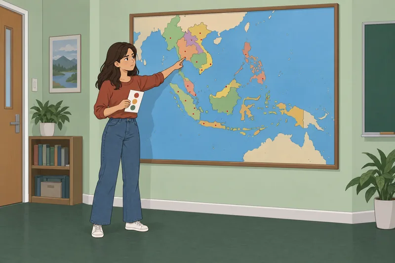 Southeast Asia Capitals: learner studies a wall map.
