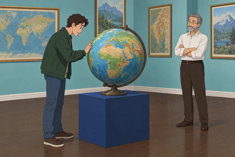 Southwest Asia Physical globe stands in a gallery.