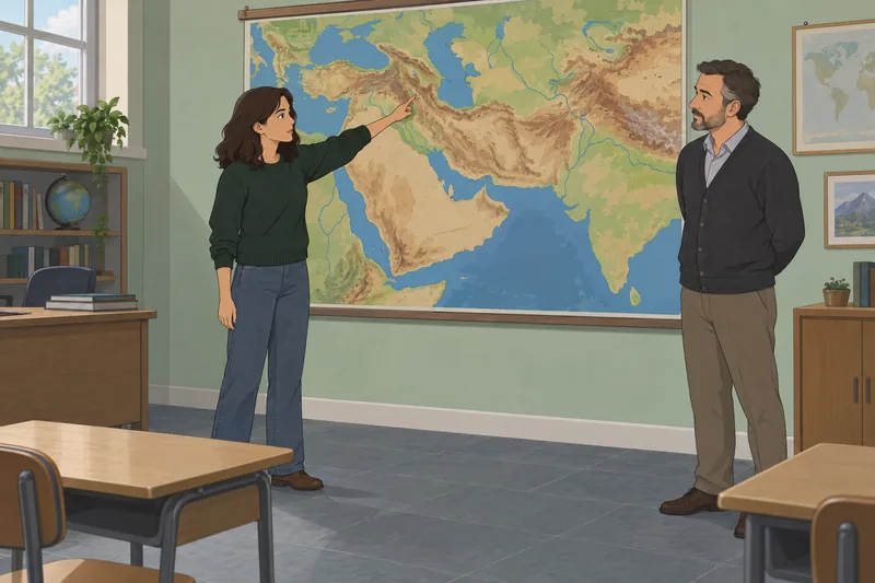 Southwest Asia Physical map hangs behind a student.