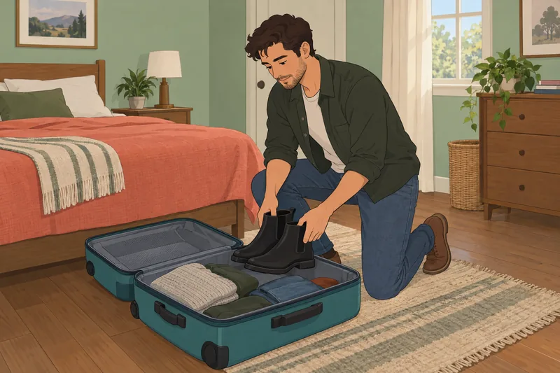 Spanish Clothing Quiz: a traveler packs black boots.