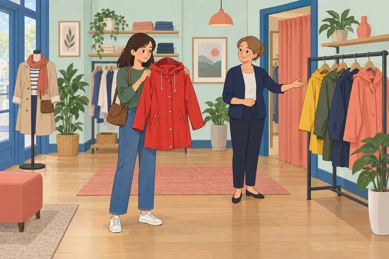 Spanish Clothing Quiz: a customer holds a raincoat.