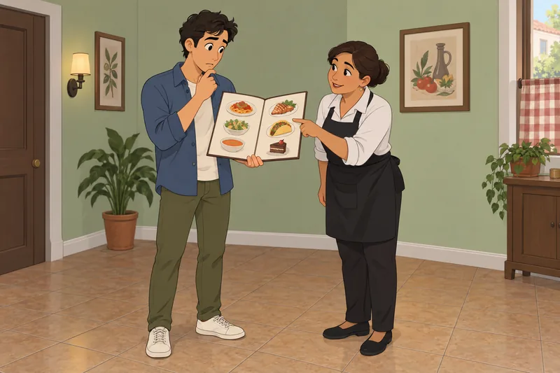 Spanish Food Quiz shows a menu lesson.