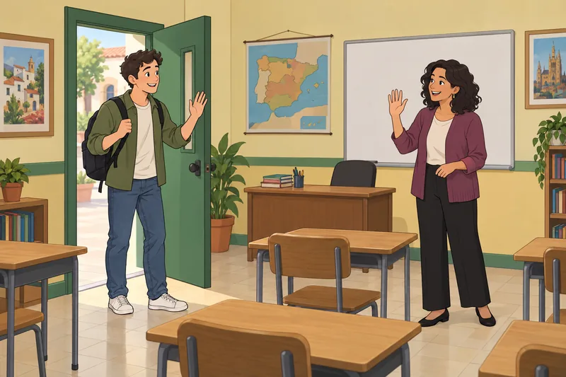 Spanish Greetings Quiz shows a classroom welcome.