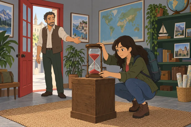 Spanish Time Quiz: traveler turns a sand timer.