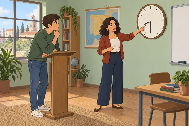 Spanish Time Quiz: learner reads a wall clock.