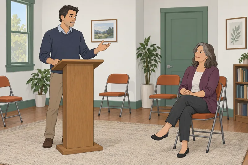 Speech Aspiration Rating: learner rehearses at a lectern.