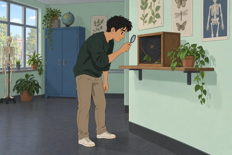 Spider Quiz shows a learner examining a web.