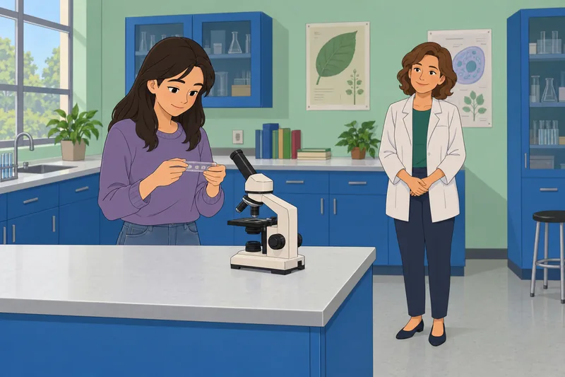 cuestionario de carreras: estudiante observa un microscopio.