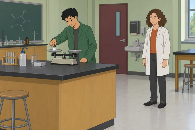Stoichiometry Quiz shows a learner weighing a vial.