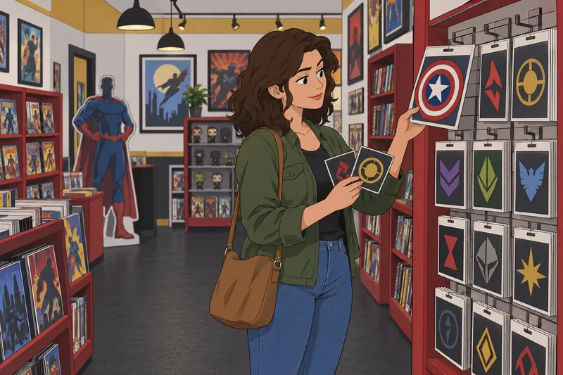 Superhero Logo Quiz shows a customer comparing emblems.