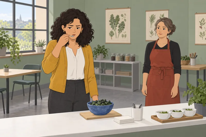 Supertaster Quiz shows a woman tasting bitter greens.