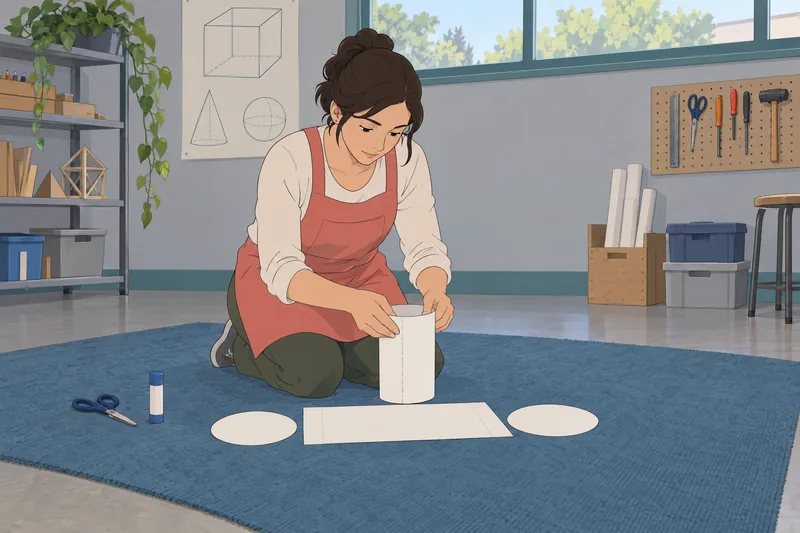 Surface Area Quiz: instructor folds cylinder net.