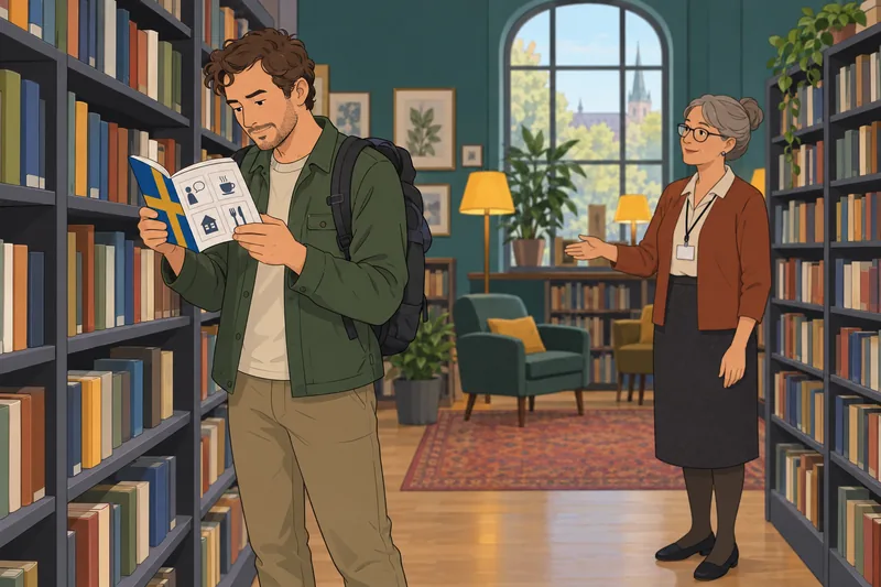 Swedish Quiz in a library with a phrasebook.