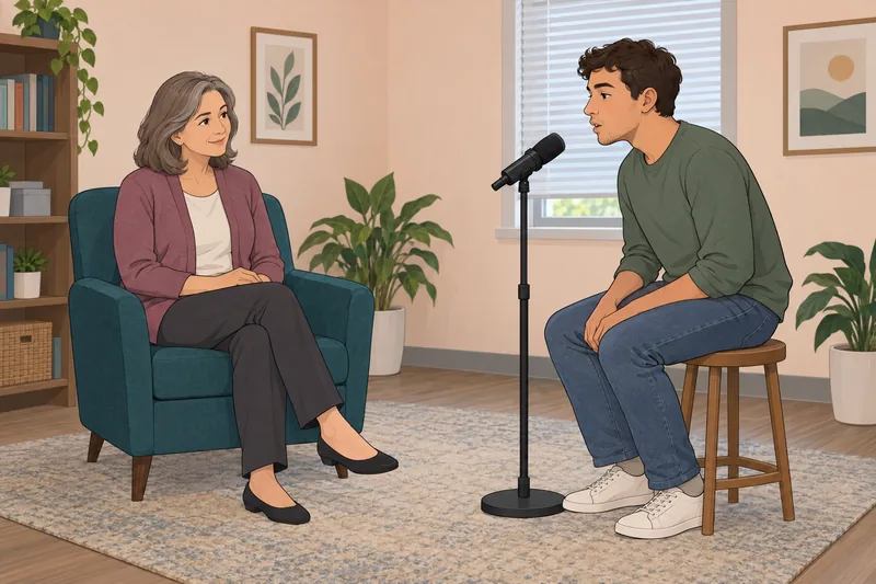 Syllables Quiz shows microphone practice in a clinic.
