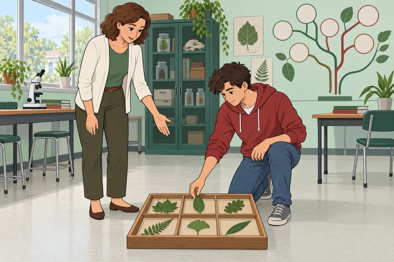 Taxonomy Quiz shows a learner sorting leaf specimens.
