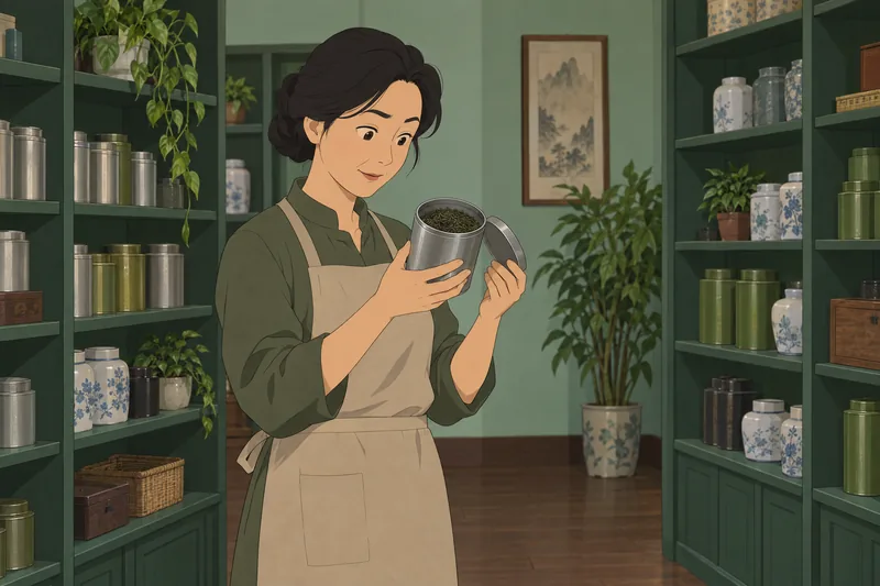 Tea Quiz depicts a clerk comparing loose leaves.