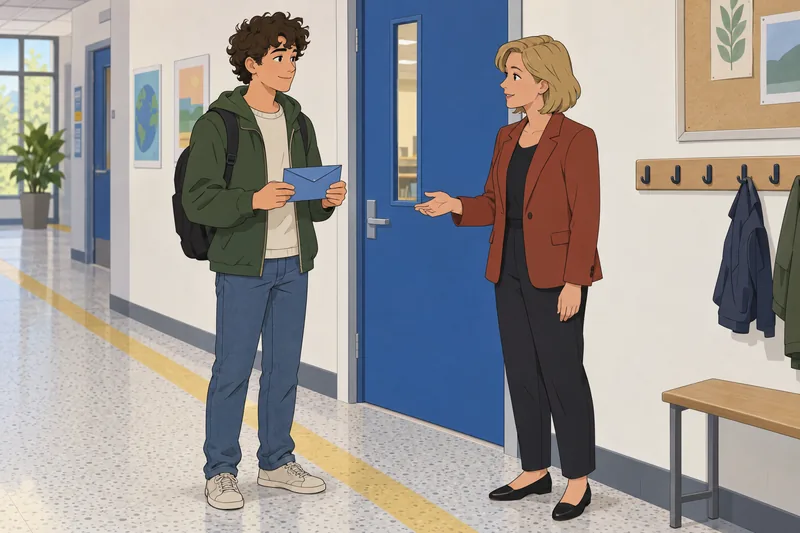 Teacher-Student Questionnaire Test at a school doorway.