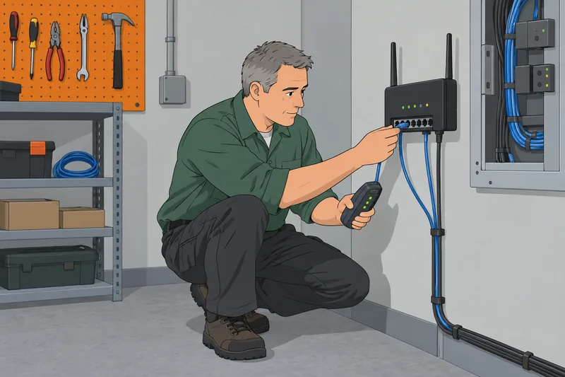 Technology Quiz shows a technician testing a router.
