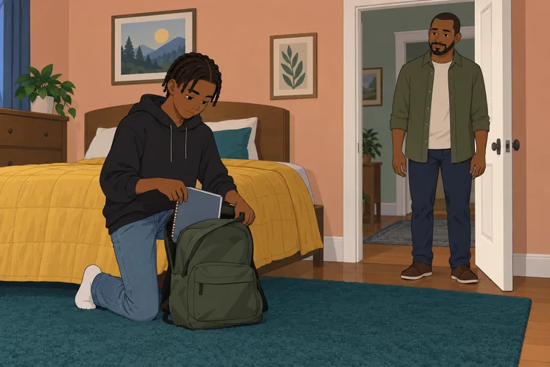 Teen Quiz: a teenager packs a plain backpack.