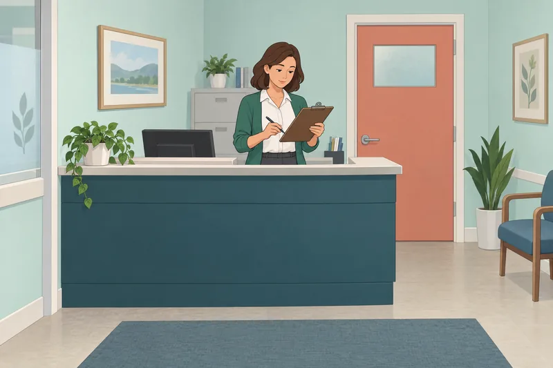 Telephone Etiquette Quiz shows message-taking at clinic reception.