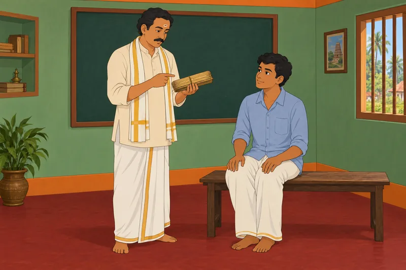 Telugu Quiz shows a learner with a manuscript.