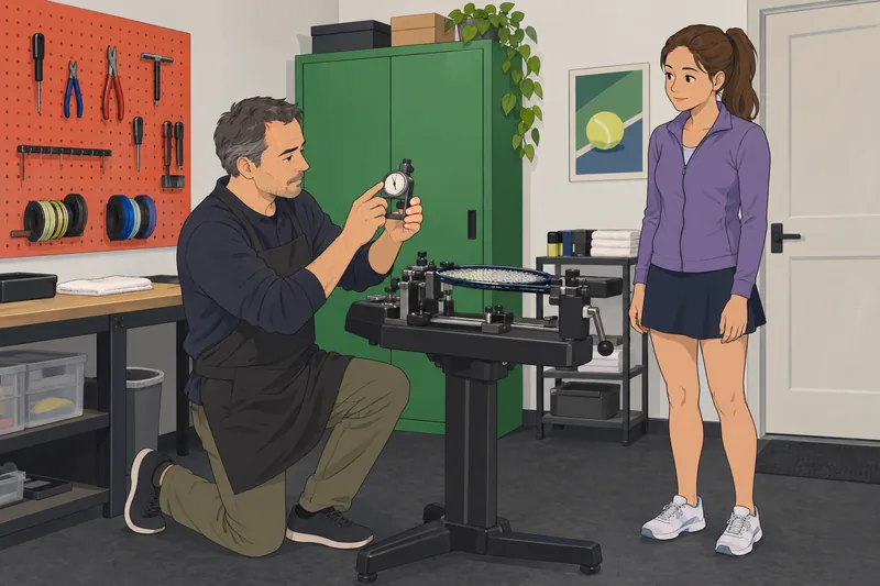 Tennis Racket Quiz: Technician checks string tension.