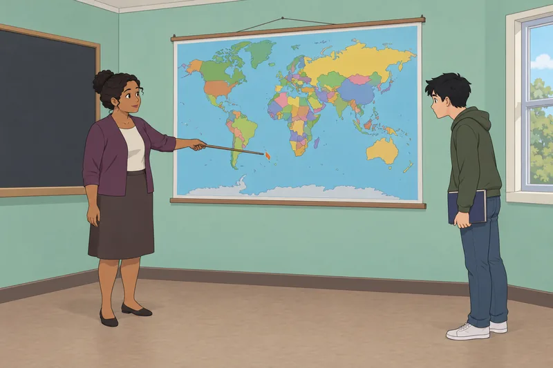 Territories Quiz: teacher indicates an island map.