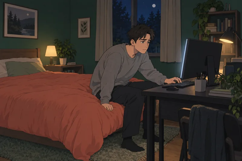 Computer Addiction Assessment appears in a tired bedroom.